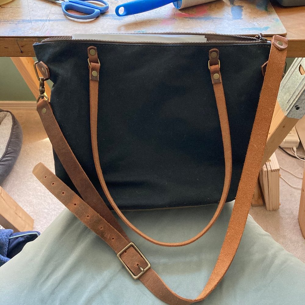 In Blue Waxed Canvas Leather Tote Crossbody